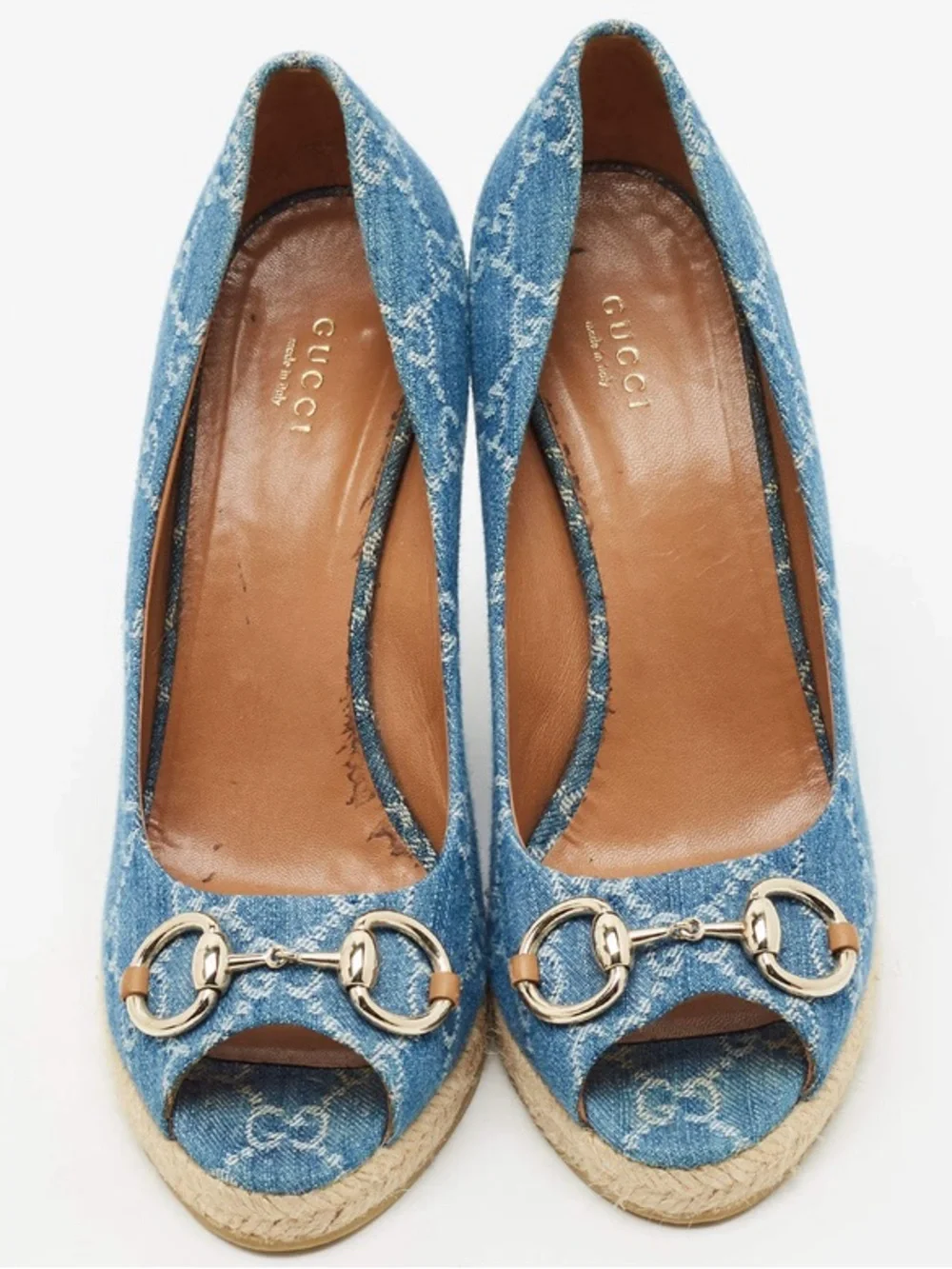 Gucci Charlotte Size 40 Blue GG Denim Horsebit Peep Toe Wedge Pumps